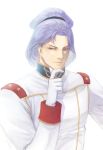  1boy fingers_to_chin gundam highres long_hair looking_down male_focus military military_uniform paptimus_scirocco purple_hair solo takeda_yuuko thinking uniform white_background zeta_gundam 