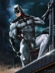  1boy absurdres bara batman batman_(series) black_bodysuit black_cape bodysuit bulge cape chest clouds cloudy_sky covered_abs covered_navel covered_nipples feet_out_of_frame gloves highres male_focus muscle qaisan rain sky solo sparkle superhero thick_thighs thighs tight 