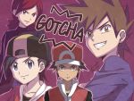  4boys backwards_hat baseball_cap black_hair blue_oak brown_eyes brown_hair closed_mouth collarbone commentary_request copyright_name ethan_(pokemon) gotcha! hat head_tilt looking_at_viewer male_focus multiple_boys parted_lips pokemon pokemon_(game) pokemon_hgss pokemon_rgby purple_background red_(pokemon) redhead signature silver_(pokemon) smile spiky_hair teeth tomosatooon v-shaped_eyebrows 