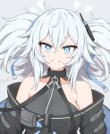  1girl absurdres bangs bare_shoulders blue_eyes breasts collar girls_frontline hair_ornament highres large_breasts looking_at_viewer medium_hair pa-15_(girls_frontline) risshu silver_hair smile solo twintails 