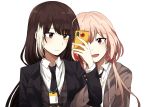  2girls bangs black_neckwear black_suit blush brown_hair brown_suit closed_mouth commentary_request eyebrows_visible_through_hair girls_frontline hair_between_eyes heterochromia highres holding holding_phone id_card lix long_hair m4_sopmod_ii_(girls_frontline) multicolored_hair multiple_girls open_mouth phone pink_hair red_eyes redhead ro635_(girls_frontline) smile streaked_hair upper_body yellow_eyes 