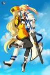  1boy 1girl ayb-art blonde_hair blue_eyes guilty_gear hand_on_another&#039;s_face hat highres ky_kiske long_hair millia_rage ponytail protected_link sword weapon 