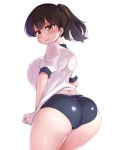  1girl absurdres alternate_costume ass black_buruma breasts brown_hair buruma cowboy_shot grey_eyes gym_shirt gym_uniform highres kaga_(kantai_collection) kantai_collection kurokoshou_(emuburemu123) large_breasts long_hair shirt short_sidetail short_sleeves side_ponytail solo white_shirt 