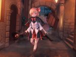  1girl alternate_costume arch bangle black_skirt blonde_hair boots bow bracelet brown_footwear capelet darkness door fantasy hair_ribbon holding holding_staff jewelry red_eyes red_ribbon ribbon roke_(taikodon) rumia short_hair skirt smile solo staff stairs stone_wall suitcase touhou wall 