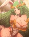  1girl animal_ears arm_under_breasts breasts english_commentary fake_animal_ears green_eyes green_hair highres kid_icarus kid_icarus_uprising large_breasts long_hair looking_at_viewer omiza_somi palutena playboy_bunny rabbit_ears smile solo very_long_hair 