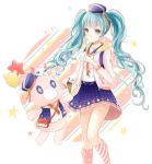  1girl absurdres aqua_hair balloon blue_eyes cat curly_hair food hat hatsune_miku highres ice_cream jacket long_hair pink_jacket pleated_skirt ramune. sailor_hat shironeko_project shirt skirt socks star_(symbol) striped striped_legwear stuffed_animal stuffed_toy teddy_bear twintails vocaloid 