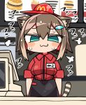  1girl :3 alternate_costume animal_ear_fluff animal_ears bangs black_skirt breasts brown_hair cat_ears cat_girl cat_tail closed_mouth collared_shirt commentary_request employee_uniform eyebrows_visible_through_hair fish_hair_ornament flat_cap fumino_tamaki green_eyes hair_between_eyes hair_ornament hat kanikama looking_at_viewer lowres mcdonald&#039;s medium_breasts name_tag nijisanji red_headwear red_shirt shirt short_sleeves skirt solo striped_tail sweat tail tail_raised uniform virtual_youtuber 