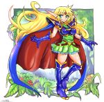  1girl armor blonde_hair blue_cape boots breasts cape closed_mouth deedlit dress elf gloves green_eyes highres long_hair looking_at_viewer oomasa_teikoku pointy_ears record_of_lodoss_war shoulder_armor smile solo thigh-highs thigh_boots 