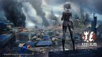  1girl angelia_(girls_frontline) bandages black_footwear black_hair black_legwear black_shirt building city cityscape commentary_request copyright fire from_behind full_body girls_frontline highres injury medium_hair outdoors shirt skyscraper smoke solo standing swav 