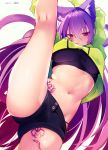  1girl animal_ears bangs blush breasts cat_ears flexible highres large_breasts leg_lift leg_up long_hair looking_at_viewer navel original parted_lips pink_eyes purple_hair reku_hisui short_shorts shorts simple_background solo split standing standing_on_one_leg standing_split stomach tail tattoo thighs toned very_long_hair 