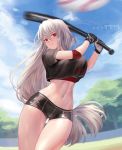  1girl arknights ass_visible_through_thighs azto_dio bangs baseball baseball_bat bike_shorts black_gloves black_shirt black_shorts blue_sky blurry blush breasts clouds commentary cowboy_shot crop_top day gloves groin hair_between_eyes highres holding holding_baseball_bat large_breasts long_hair looking_at_viewer midriff navel no_hat no_headwear outdoors parted_lips red_eyes shirt short_shorts short_sleeves shorts silver_hair skadi_(arknights) sky solo standing stomach thighs very_long_hair 