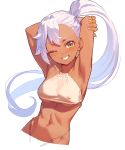  1girl ;) armpits arms_behind_head bangs blush breasts brown_eyes collarbone grin halter_top halterneck highres kinta_(distortion) long_hair navel one_eye_closed original ponytail sidelocks silver_hair small_breasts smile solo stomach 