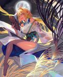 1girl alternate_costume alternate_hair_length alternate_hairstyle bare_legs barefoot blonde_hair blue_nails breasts clouds cloudy_sky commentary dark_skin eyebrows_visible_through_hair fan folding_fan fox_mask full_body full_moon hair_between_eyes highres holding holding_fan hololive japanese_clothes kimono lack looking_at_viewer mask mask_on_head medium_breasts moon multicolored_hair nail_polish night night_sky obi open_mouth orange_eyes outdoors pointy_ears sash see-through_sleeves shiranui_flare short_hair sky smile solo streaked_hair thighs two-tone_hair virtual_youtuber white_hair white_kimono wide_sleeves 