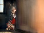  1girl 331ab31 animal_ears bangs blush bunny_girl grey_hair hair_between_eyes highres indoors long_hair long_sleeves original peeking_out rabbit_ears red_eyes red_skirt shirt sidelocks skirt standing translation_request white_shirt window 