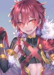  1boy :d alexander_(fate) armlet black_gloves blue_background braid cape fate/grand_order fate_(series) fur_trim gloves halterneck highres kawasemi_(pocorit) long_hair looking_at_viewer male_focus messy_hair open_mouth red_cape red_eyes redhead simple_background smile solo upper_body 