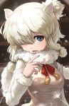  1girl alpaca_ears alpaca_girl alpaca_suri_(kemono_friends) animal_ears arm_at_side bangs blonde_hair blue_eyes breast_pocket dandelion_seed day eyebrows_visible_through_hair fur-trimmed_sleeves fur_scarf fur_trim hair_bun hair_over_one_eye hand_up highres kemono_friends long_sleeves looking_at_viewer medium_hair meraton neck_ribbon open_mouth outdoors pocket ribbon scarf shirt smile solo sweater_vest upper_body 