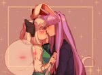  2girls animal_ears ascot black_ribbon blazer blush body_blush border breasts collared_shirt commentary commission english_commentary full-face_blush green_ribbon hair_ribbon hairband imminent_kiss jacket konpaku_youmu konpaku_youmu_(ghost) linmiee long_hair medium_breasts multiple_girls noses_touching purple_hair rabbit_ears reisen_udongein_inaba ribbon shirt short_hair simple_background sparkle sword thumb_to_mouth touhou very_long_hair vest weapon white_hair yuri 