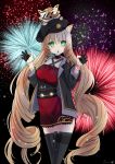  1girl absurdres animal animal_ears arknights fireworks gloves green_eyes half_gloves highres huge_filesize long_hair looking_at_viewer open_mouth sanui510 swire_(arknights) thigh-highs very_long_hair 