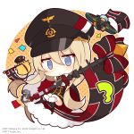  1girl 2017 aircraft airplane anchor animal azur_lane bangs bird bismarck_(azur_lane) black_dress black_headwear black_jacket black_legwear blonde_hair blue_eyes bow chain chibi chick commentary_request confetti dress flag full_body fur-trimmed_legwear fur_trim gloves hair_between_eyes hat highres jacket kneehighs long_hair long_sleeves manjuu_(azur_lane) military_hat mouth_hold muuran official_art outline parted_lips peaked_cap polka_dot polka_dot_background red_bow red_footwear solo striped striped_bow very_long_hair watermark white_background white_gloves white_outline 