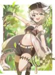  1girl :d absurdres animal_ear_fluff animal_ears arknights armband bangs bare_arms bare_shoulders black_gloves black_shorts cabbie_hat cliffheart_(arknights) commentary furuki_ayaginutaira gloves grey_eyes hat highres leopard_ears leopard_tail looking_at_viewer midriff navel open_mouth shoes short_hair short_shorts shorts silver_hair single_thighhigh sleeveless smile solo stomach tail thigh-highs thighs 
