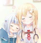  2girls :d blonde_hair blue_hair blue_hoodie blurry blurry_background blush brown_capelet closed_eyes closed_mouth collared_shirt commentary depth_of_field deyui drawstring drooling english_commentary gawr_gura hair_ornament heart highres hololive hololive_english hood hood_down hoodie long_hair mouth_drool multicolored_hair multiple_girls necktie open_mouth red_neckwear sharp_teeth shirt short_necktie silver_hair sleeping smile stethoscope streaked_hair teeth upper_body virtual_youtuber watson_amelia white_shirt 