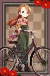  1girl asymmetrical_bangs bangs bicycle black_footwear boots bow brown_bow brown_eyes brown_hair brown_kimono checkered checkered_background cross-laced_footwear eyebrows_visible_through_hair floating_hair floral_print flower full_body green_hakama ground_vehicle hair_bow hakama idolmaster idolmaster_(classic) japanese_clothes kimono lace-up_boots long_hair long_sleeves looking_at_viewer minase_iori parted_lips print_hakama print_kimono red_flower solo standing striped vertical-striped_kimono vertical_stripes wide_sleeves yukie_(kusaka_shi) 