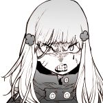  1girl angry bangs clenched_teeth girls_frontline greyscale hair_ornament halftone highres hk416_(girls_frontline) long_hair looking_at_viewer monochrome portrait scowl simple_background solo ssambatea teeth white_background 
