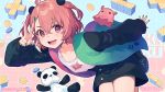  1girl bending block blush casual collarbone commentary_request fang hair_between_eyes jacket mole mole_under_eye nagu nijisanji open_mouth panda pink_eyes pink_hair sasaki_saku short_hair solo stuffed_animal stuffed_toy v virtual_youtuber 