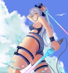  1girl artist_name ass blue_bow blue_sky blue_swimsuit blush bow breasts clouds competition_swimsuit dual_wielding energy_sword english_commentary fate/grand_order fate_(series) gemnuo_(eternalgem) hair_bow holding holding_sword holding_weapon long_hair looking_at_viewer looking_down medium_breasts one-piece_swimsuit ponytail red_eyes silver_hair sky smile solo swimsuit sword thigh_strap tomoe_gozen_(fate/grand_order) tomoe_gozen_(swimsuit_saber)_(fate) water weapon wristband 