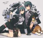  1boy 1girl black_gloves blue_eyes blue_hair byleth_(fire_emblem) byleth_eisner_(female) byleth_eisner_(male) cat closed_mouth dog fire_emblem fire_emblem:_three_houses garreg_mach_monastery_uniform gloves hairband hat high_heels highres holding holding_clothes holding_hat long_sleeves pink_hairband short_hair sitting socks u_arca_u uniform 