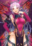  1girl breasts cowboy_shot elbow_gloves fairy fairy_wings fire_emblem fire_emblem_heroes gloves gradient_hair grey_hair hair_ornament hand_on_hip highres large_breasts long_hair looking_at_viewer multicolored_hair open_mouth pink_gloves plant plumeria_(fire_emblem) pointy_ears ponytail red_eyes shira_yu_ki sleeveless smile solo vines wings 