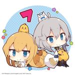  2017 2girls animal animal_on_head azur_lane bird bird_on_head blonde_hair blue_eyes cat cat_on_head chibi chick commentary_request cross grey_hair hairband jacket jacket_on_shoulders long_hair manjuu_(azur_lane) meowfficer_(azur_lane) multiple_girls muuran north_carolina_(azur_lane) official_art on_head short_hair smile washington_(azur_lane) white_hairband 