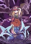  1girl absurdres arm_up bangs bare_shoulders black_footwear black_legwear black_shirt blonde_hair blue_eyes boots breasts collared_shirt commentary_request eyebrows_visible_through_hair eyewear_on_headwear gen_1_pokemon gen_6_pokemon greninja hand_on_headwear highres legendary_pokemon long_hair medium_breasts mewtwo open_mouth parted_bangs pizzasi pleated_skirt pokemon pokemon_(anime) pokemon_(creature) pokemon_xy_(anime) red_headwear red_skirt serena_(pokemon) shirt skirt sleeveless sleeveless_shirt standing sweat thigh-highs thighhighs_under_boots water wavy_mouth 