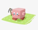  1boy blue_eyes blush_stickers commentary_request grass highres holding_pickaxe kirby kirby_(series) male_focus minecraft pickaxe pink_skin roroichi simple_background solo super_smash_bros. walking white_background 