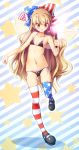  1girl american_flag_legwear black_bra black_footwear black_panties blonde_hair blue_bow blue_legwear bow bra chima_q clownpiece fairy_wings flat_chest full_body hair_bow highres long_hair looking_down panties red_bow red_eyes red_legwear shoes side-tie_panties solo squiggle standing standing_on_one_leg star_(symbol) star_print striped striped_background striped_legwear thigh-highs touhou transparent_wings underwear underwear_only very_long_hair wavy_hair wings 