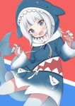  1girl animal_hood bangs blue_eyes blue_hoodie blunt_bangs blush breasts gawr_gura highres hololive hololive_english hood looking_at_viewer multicolored_hair nail_polish open_mouth shark_costume shark_girl shark_hood shark_print shark_tail sharp_teeth simple_background siragagaga smile solo streaked_hair tail teeth virtual_youtuber 