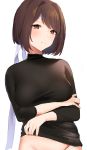  1girl black_sweater brown_eyes brown_hair groin hairband highres hyuuga_(kantai_collection) kantai_collection long_sleeves looking_at_viewer mizuki_eiru_(akagi_kurage) remodel_(kantai_collection) short_hair simple_background solo sweater turtleneck upper_body white_background white_hairband 