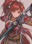  1girl belt breastplate closed_mouth fire_emblem fire_emblem:_path_of_radiance highres holding jill_(fire_emblem) long_hair mai_yukari ponytail red_eyes redhead simple_background solo upper_body 