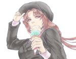  1girl black_headwear food from_below gundam gundam_unicorn hat ice_cream long_hair looking_up marida_cruz purple_hair solo takeda_yuuko white_background 