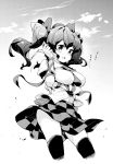  1girl arm_ribbon arm_under_breasts black_legwear blush breasts cellphone checkered checkered_skirt clouds commentary_request covered_nipples cowboy_shot cropped_legs flip_phone greyscale hair_ribbon hand_up highres himekaidou_hatate holding holding_phone large_breasts long_hair midriff_peek monochrome open_mouth phone ribbon shirt short_sleeves skirt solo tanasuke thigh-highs touhou translated twintails white_shirt wind wind_lift 