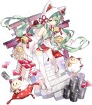  1girl akashi_(azur_lane) akashi_(white_cat&#039;s_repayment)_(azur_lane) animal_ears azur_lane bare_shoulders bell bird box cat_ears chick coin detached_sleeves dress drum_(container) fake_animal_ears floating_hair flower_knot full_body gem gift gift_box green_hair highres hood jingle_bell long_hair long_sleeves looking_at_viewer manjuu_(azur_lane) miniskirt official_art open_mouth platform_footwear pleated_skirt red_skirt ruby_(gemstone) saru skirt sleeves_past_fingers sleeves_past_wrists smile solo tassel thigh-highs torii transparent_background very_long_hair wedding_dress white_dress white_footwear white_legwear yellow_eyes zettai_ryouiki zouri 