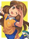  1girl ;d arm_up blue_legwear blue_shorts blush border brown_eyes brown_hair commentary_request highres inazuma_eleven_(series) inazuma_eleven_go inazuma_eleven_go_chrono_stone long_hair looking_at_viewer nanobana_kinako one_eye_closed open_mouth orange_shirt outside_border raimon raimon_soccer_uniform salute sayshownen shirt shoes short_sleeves shorts smile soccer_uniform socks solo sportswear twitter_username watermark white_border white_footwear yellow_background 