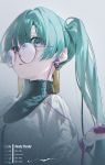  1girl absurdres aqua_eyes aqua_hair background_text bangs bespectacled dress earphones earrings facing_to_the_side glasses hand_up hatsune_miku highres holding huge_filesize jewelry long_hair looking_at_viewer open_mouth rolua solo standing turtleneck_dress twintails upper_body very_long_hair vocaloid white_dress 