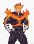  1boy abs absurdres ajproton bara beard belt blue_bodysuit blue_eyes bodysuit boku_no_hero_academia bulge chest covered_abs covered_navel facial_hair facial_scar feet_out_of_frame fire hand_on_hip highres looking_at_viewer male_focus manly muscle mustache redhead scar short_hair solo spiky_hair thick_thighs thighs todoroki_enji torn_bodysuit torn_clothes white_background 