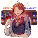  1boy ^_^ ^o^ black_vest buttons closed_eyes collared_shirt cup drink facing_viewer fang happy_birthday highres holding holding_cup holostars male_focus mebaru mole mole_under_eye neck_ribbon open_mouth orange_hair red_neckwear ribbon shirt short_hair smile solo upper_body vest virtual_youtuber white_shirt yukoku_roberu 