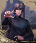  1boy arm_up black_hair black_shirt bokujpjp breasts facing_viewer fingers highres indoors kai_(mukoubuchi) long_sleeves looking_at_viewer male_focus money mukoubuchi open_mouth parted_lips shirt sitting smile solo violet_eyes wavy_hair 