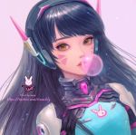  bangs black_hair blue_bodysuit bodysuit brown_eyes bubble_blowing character_name chewing_gum d.va_(overwatch) eyelashes headphones lips logo long_hair looking_at_viewer multicolored multicolored_bodysuit multicolored_clothes n_(nissaclily) portrait razer shoulder_pads swept_bangs watermark web_address whisker_markings 