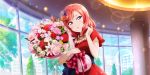  1girl :o artist_request bouquet day dress flower hair_flower hair_ornament highres holding holding_bouquet indoors jewelry looking_at_viewer love_live! love_live!_school_idol_festival_all_stars necklace nishikino_maki official_art pink_flower raised_eyebrows red_dress red_flower redhead short_hair short_sleeves solo sunlight tearing_up tree violet_eyes 