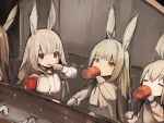  331ab31 4girls :t animal_ears bangs blunt_bangs blush brushing_teeth bunny_girl closed_eyes cup drinking eyebrows_visible_through_hair grey_hair highres holding holding_cup long_hair long_sleeves mirror multiple_girls original rabbit_ears red_eyes reflection shirt sink toothbrush white_shirt 