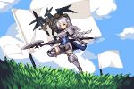  1girl armor bangs boots braid breastplate clouds day flag gloves grass greaves grey_hair holding holding_spear holding_weapon leg_up long_hair lowres outdoors pixel_art polearm ravness_loxaerion sky solo spear tactics_ogre thigh-highs thigh_boots twin_braids warabin_(suteki_denpun) weapon white_flag 